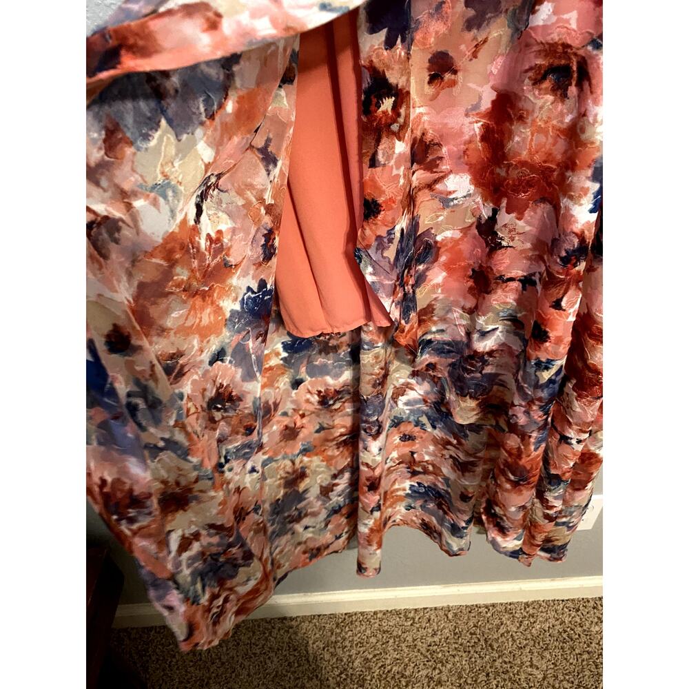 Cupio Womens Large Floral Faux Wrap Dress Coral Ruffle Wedding Vacation - Picture 6 of 8